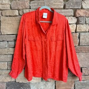 ALEXON XL Women Silk Blouse Shirt Orange Floral Jacquard Button Up LS Top